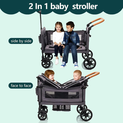 Wagon Stroller For 2 Kids And Cargo-Travel Stroller Push-Pull Double Wagon Lightweight Folding Stroller For Newborn And Toddler With 5-Point