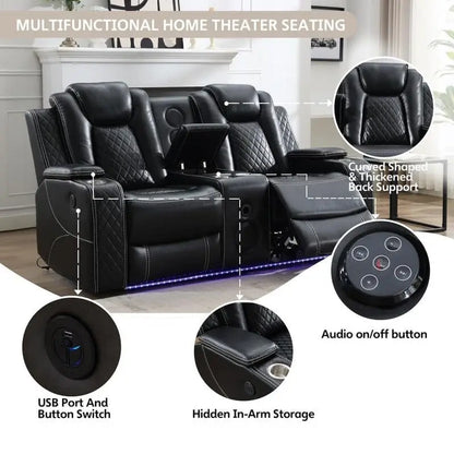 Power Reclining Sofa With Wireless Charger, Reading Light For Living Room, Faux Leather LED Light, AC/USB Port, Cup Holder, Black