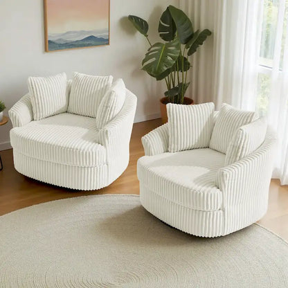 2 Set Oversized 43 W Plush Corduroy Swivel Barrel Chair With Pillows