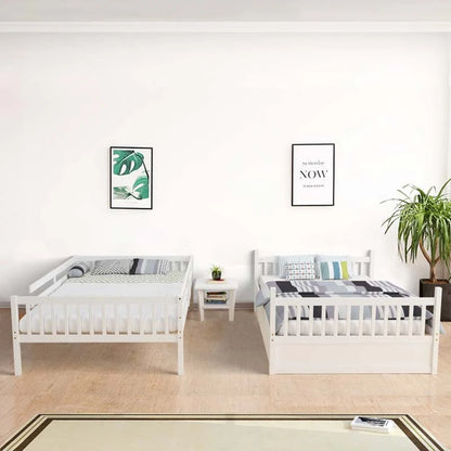 Solid Wood Full Over Full Bunk Bed Frame With Trundle, Safety Ladder And Guardrails, Convertible Bunk Bed For Kids Teens