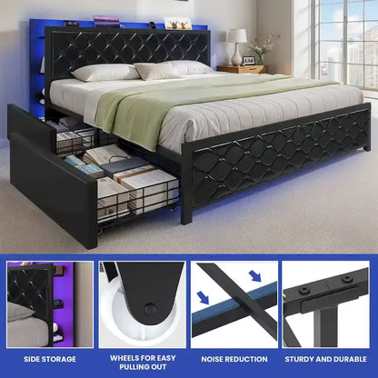 Moasis Queen Size PU Bed Frame LED Upholstered Platform Bed Frame