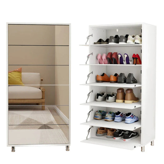 Mirror Shoe Cabinet With 6 Flip Drawers, Shoe Rack Organizer Store Ample Shoes,4 Metal Legs, Hand-Touch Flip-Out Door