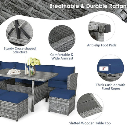 7 Pcs Rattan Patio Dining Furniture Sectional Sofa Set With Dining Table, Ottomans And Cushions