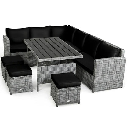7 Pcs Rattan Patio Dining Furniture Sectional Sofa Set With Dining Table, Ottomans And Cushions