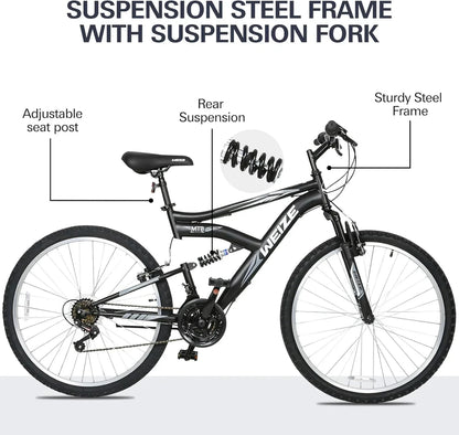 Weize Mountain Bike 26 27.5 In. Outdoor Hybrid Bikes 18-Speed High-Carbon Steel Full Suspension