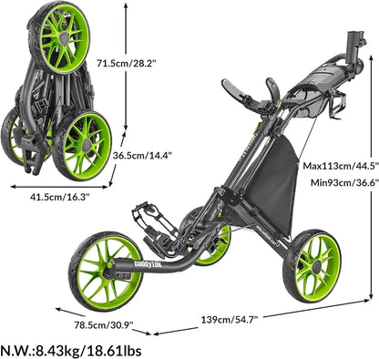3Wheel Golf Push Cart, Golf Trolley Foldable Collapsible Lightweight Pushcart With Foot Brake, Easy To Open And Close