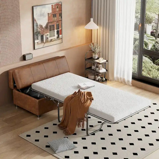 Twin Size Folding Pull Out Ottoman Sleeper Bed With Mattress Convertible Guest Bed, PU Upholstered Sleeper Sofa