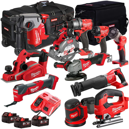 Milwaukee 18V Cordless Tool Set, 11-piece, With 3 x 5.0Ah Batteries And Charger In Bag T4TM-9