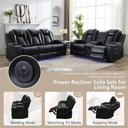 Power Reclining Sofa With Wireless Charger, Reading Light For Living Room, Faux Leather LED Light, AC/USB Port, Cup Holder, Black